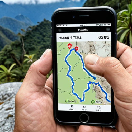 Home 11 **
A hiker using a smartphone app (like Gaia GPS or AllTrails) in the Gunung Kinabalu area, displaying an offline map with marked trails. Focus on the contrast between the natural mountain landscape and the digital technology.
**
