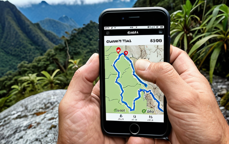 **
A hiker using a smartphone app (like Gaia GPS or AllTrails) in the Gunung Kinabalu area, displaying an offline map with marked trails. Focus on the contrast between the natural mountain landscape and the digital technology.
**