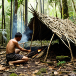**Image Prompt 1: The Art of Wilderness Survival**
    A person, seen in a focused, determined stance, using a "bow drill" to start a fire in a dense, lush Malaysian rainforest. Wisps of smoke are beginning to rise from the friction point, indicating success. Nearby, a sturdy, temporary "lean-to" or "debris hut" shelter, ingeniously constructed from fallen branches, large dried leaves, and thick moss, blends seamlessly into the natural surroundings. The scene is bathed in dappled sunlight filtering through the canopy, highlighting the raw beauty and self-reliance of bushcraft.