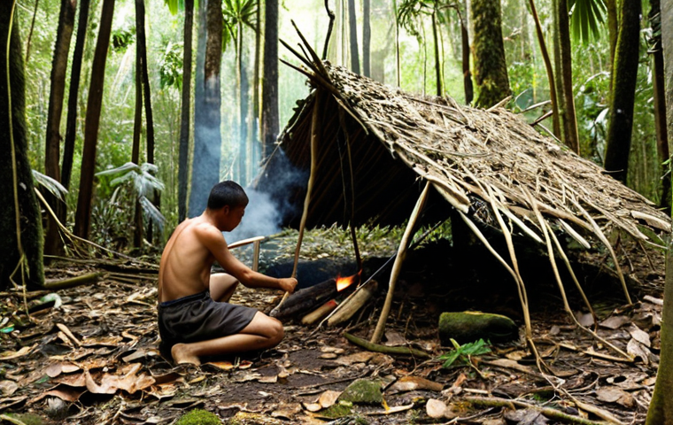 **Image Prompt 1: The Art of Wilderness Survival**
    A person, seen in a focused, determined stance, using a "bow drill" to start a fire in a dense, lush Malaysian rainforest. Wisps of smoke are beginning to rise from the friction point, indicating success. Nearby, a sturdy, temporary "lean-to" or "debris hut" shelter, ingeniously constructed from fallen branches, large dried leaves, and thick moss, blends seamlessly into the natural surroundings. The scene is bathed in dappled sunlight filtering through the canopy, highlighting the raw beauty and self-reliance of bushcraft.